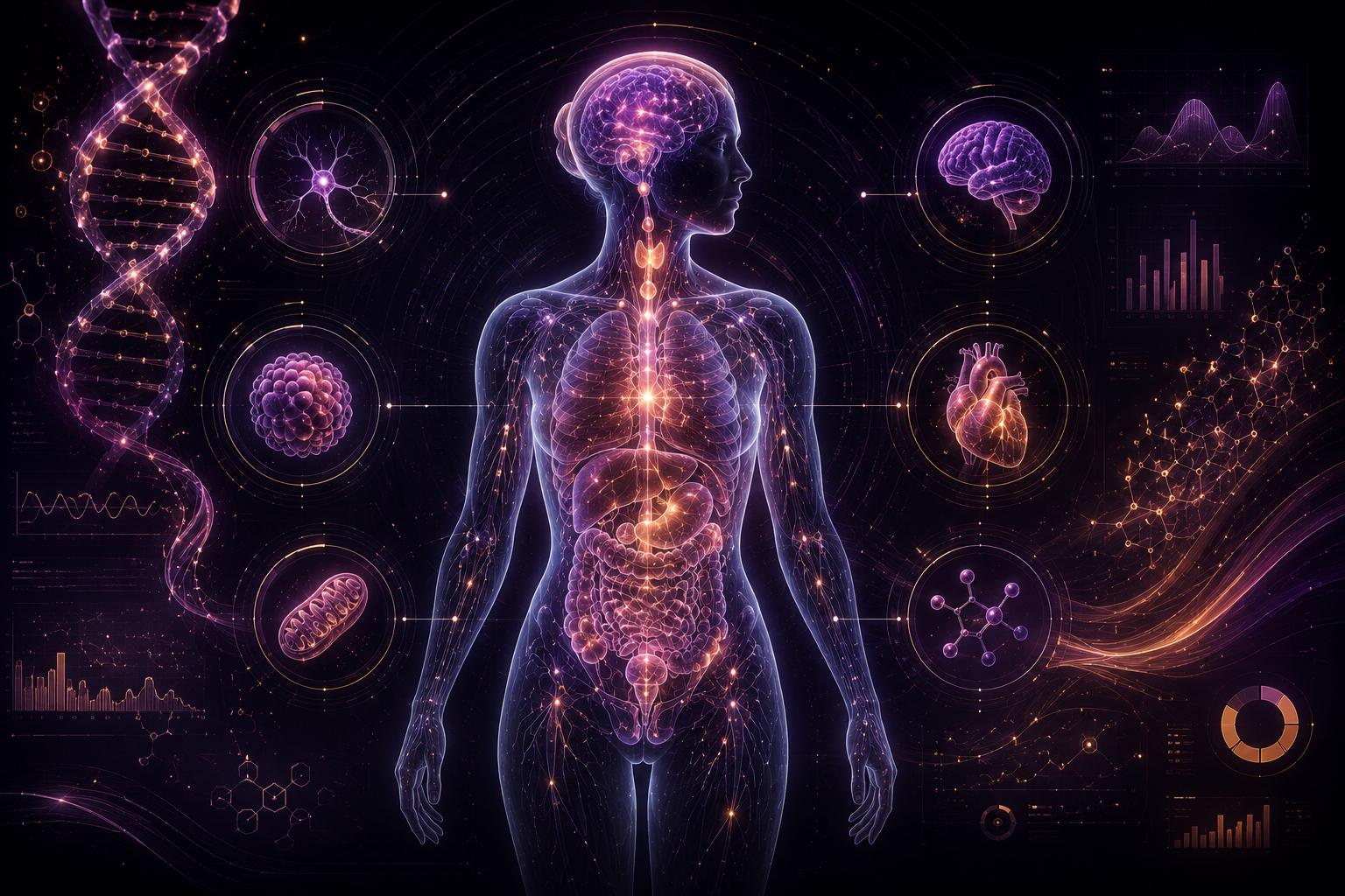 Full body metabolic optimization background with endocrine cellular and energy mapping