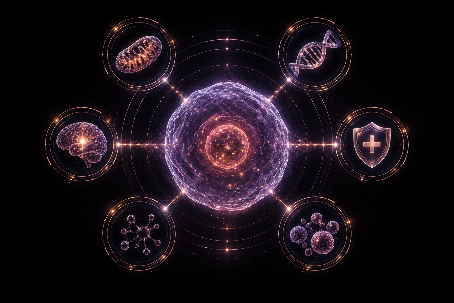 Ambient biological optimization background with cellular systems, mitochondria, DNA, brain, immune, and molecular pathway icons