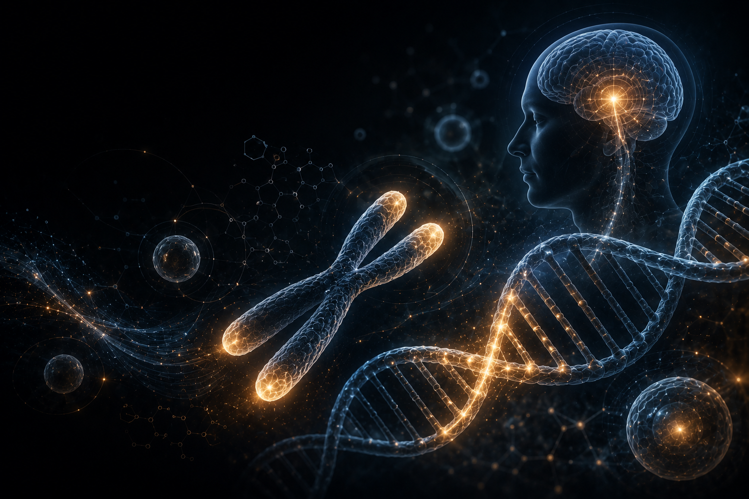 Epitalon longevity visualization with chromosomes, DNA restoration, neural pathways, and cellular preservation field