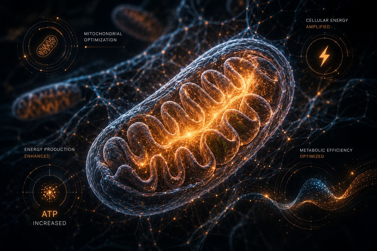 Mitochondrial optimization visual with cellular energy, ATP production, and metabolic efficiency overlays