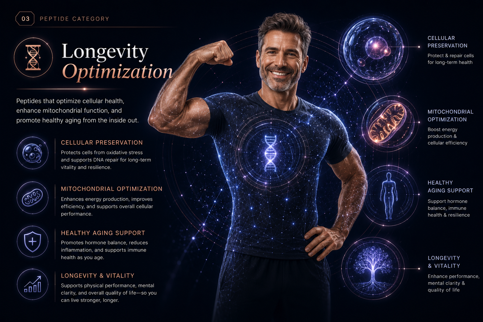 Longevity optimization peptide panel with cellular preservation and mitochondrial visuals