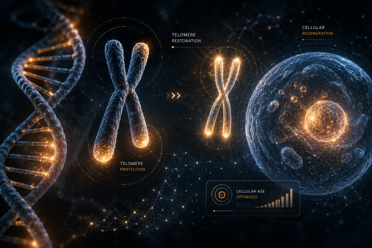 Telomere restoration panel with DNA helix, chromosome caps, cellular regeneration, and cellular age analytics