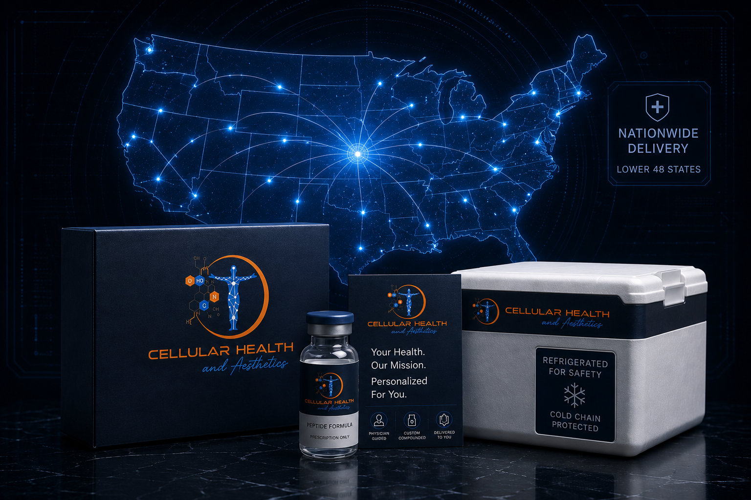 Nationwide peptide delivery visual with lower 48 map, medical packaging, and cold chain protection