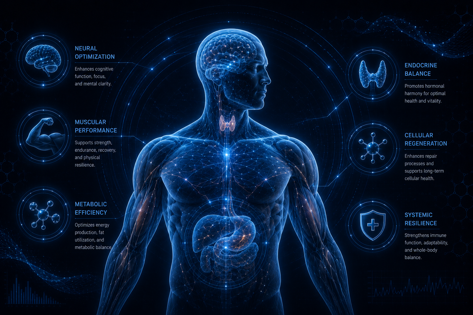 Optimized human performance biotech background with endocrine neural muscular and metabolic overlays