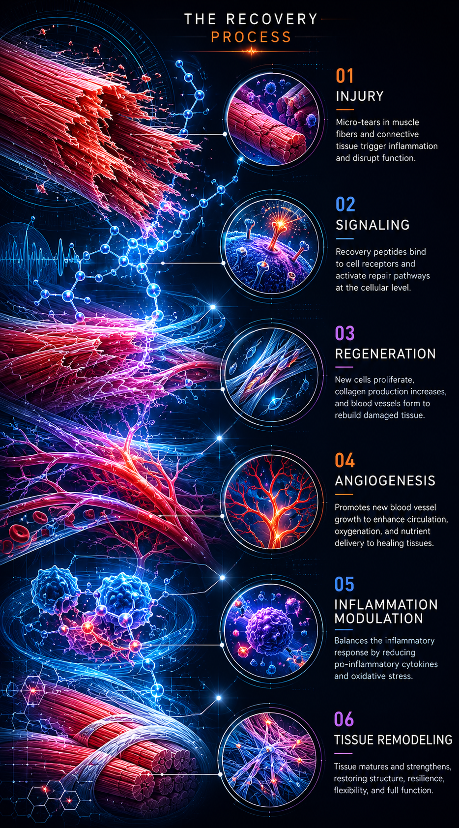 Scientific recovery process visualization showing injury, signaling, regeneration, angiogenesis, inflammation modulation, and tissue remodeling