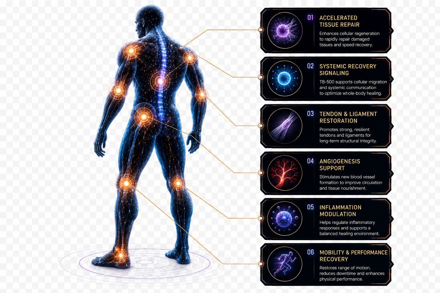 BPC-157 and TB-500 regenerative recovery system with full-body tissue repair callouts