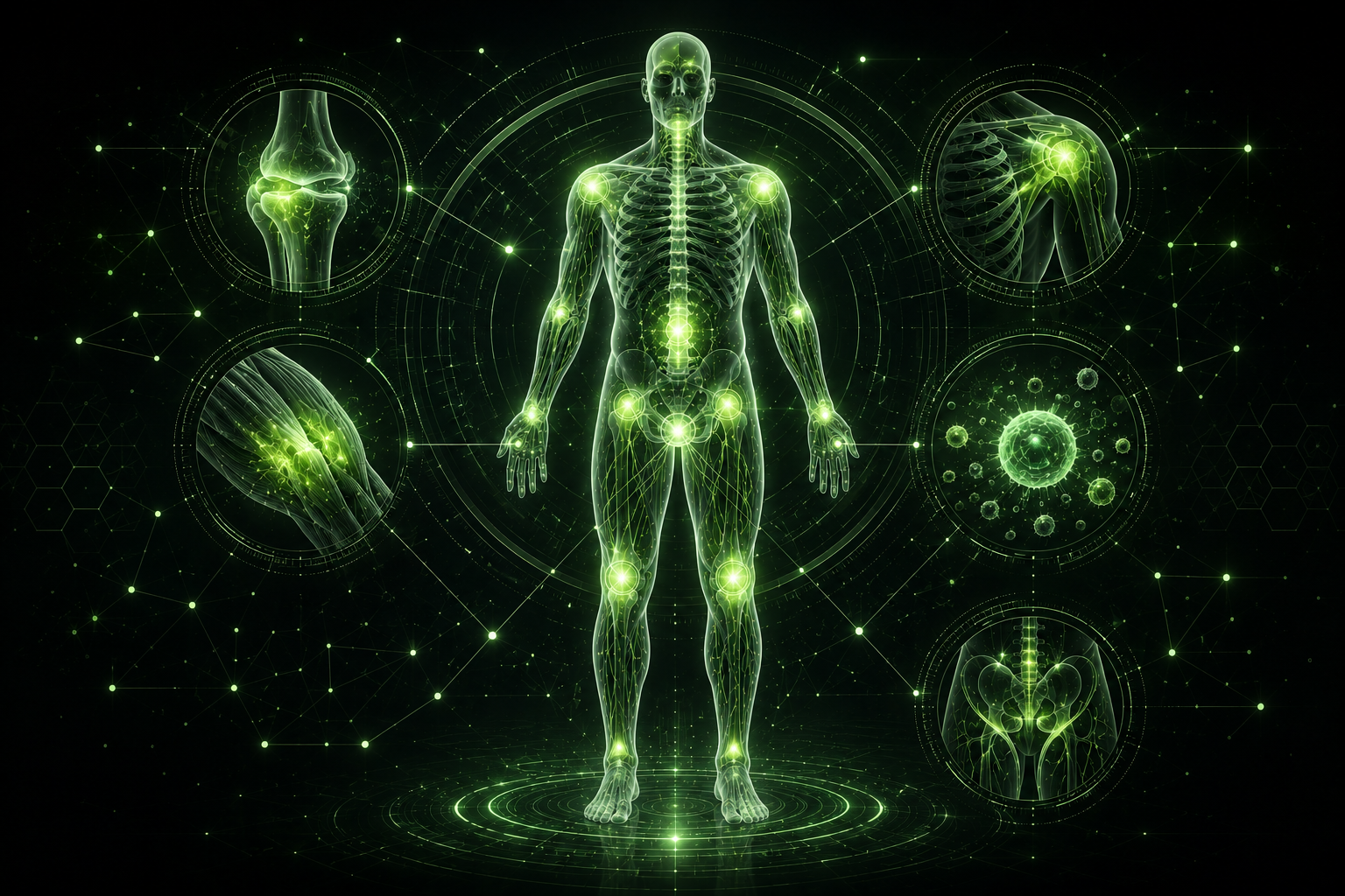 Regenerative medicine conditions visual with joint, muscle, inflammation, and skeleton callouts