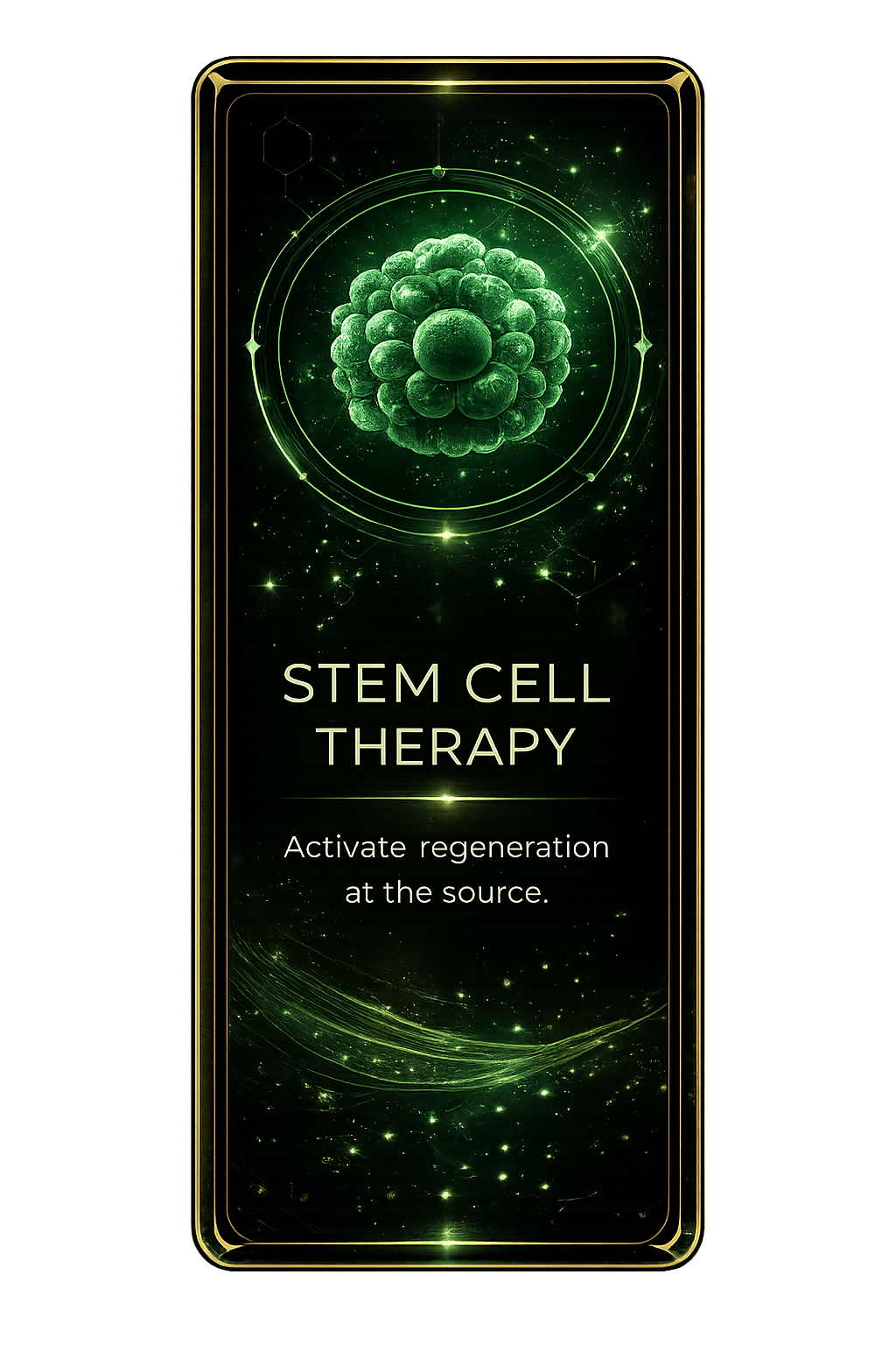 Stem cell therapy card with regenerative cellular cluster visual