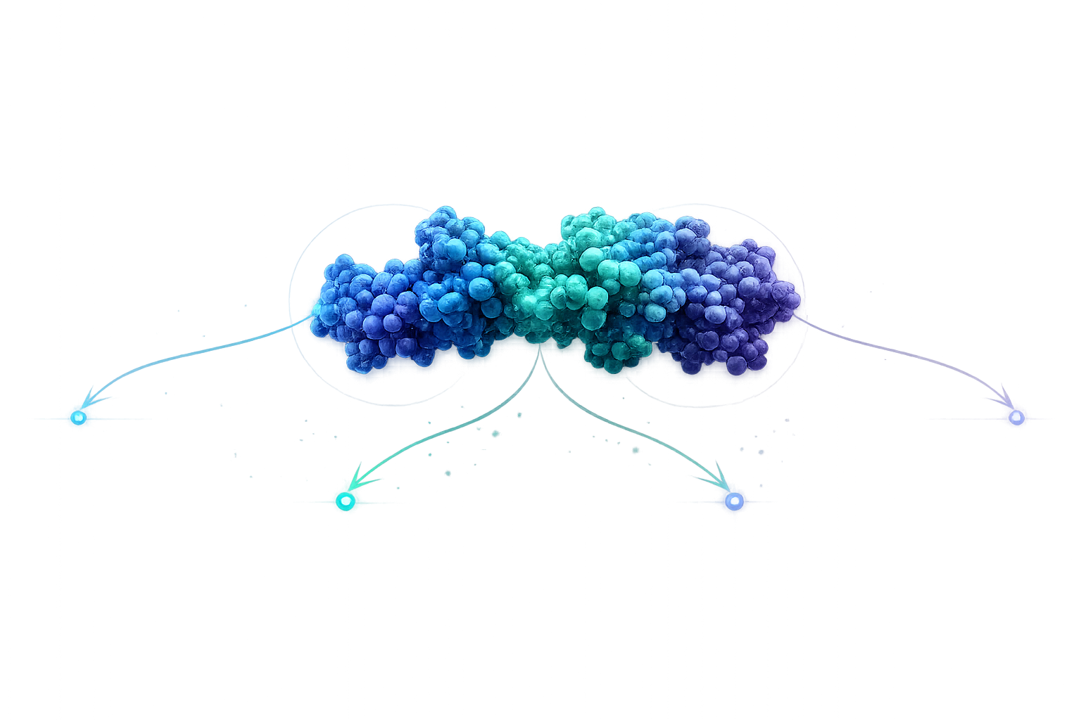 Abstract triple agonist molecular cluster with blue teal and violet pathways