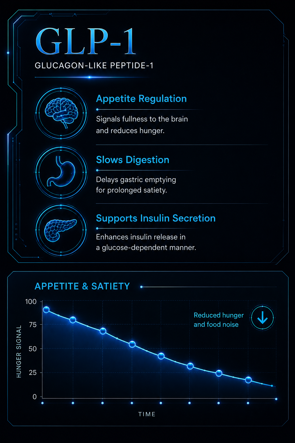 Clean GLP-1 pathway visualization for Tirzepatide appetite regulation and insulin support