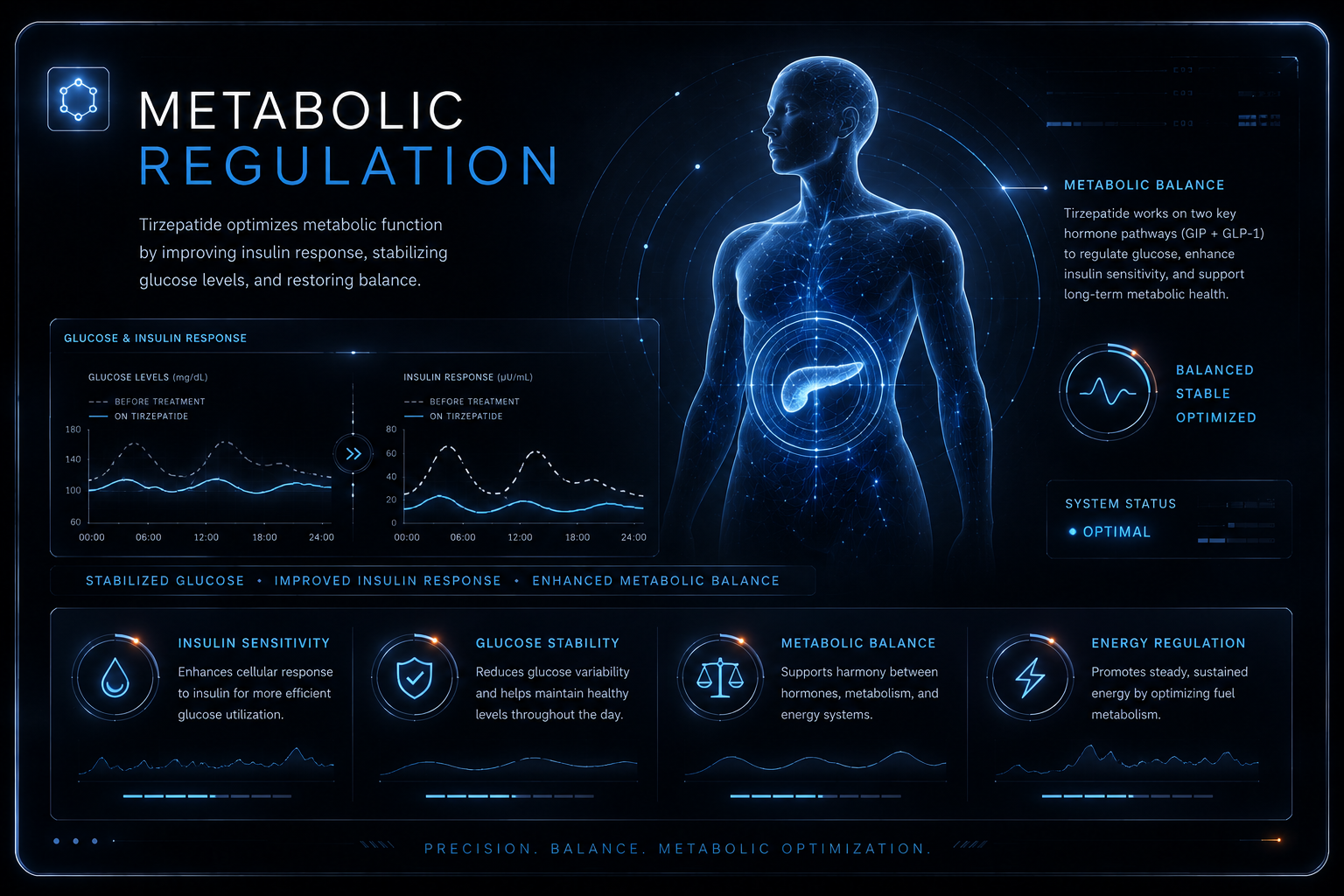 Metabolic regulation visualization showing glucose and insulin response for Tirzepatide