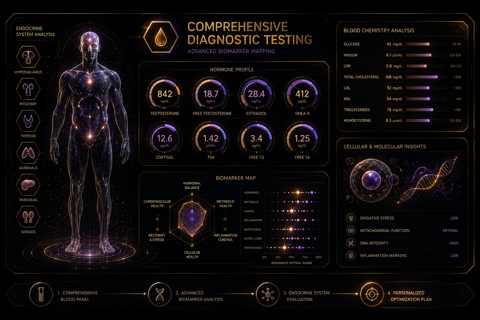 Comprehensive diagnostic testing dashboard for testosterone therapy