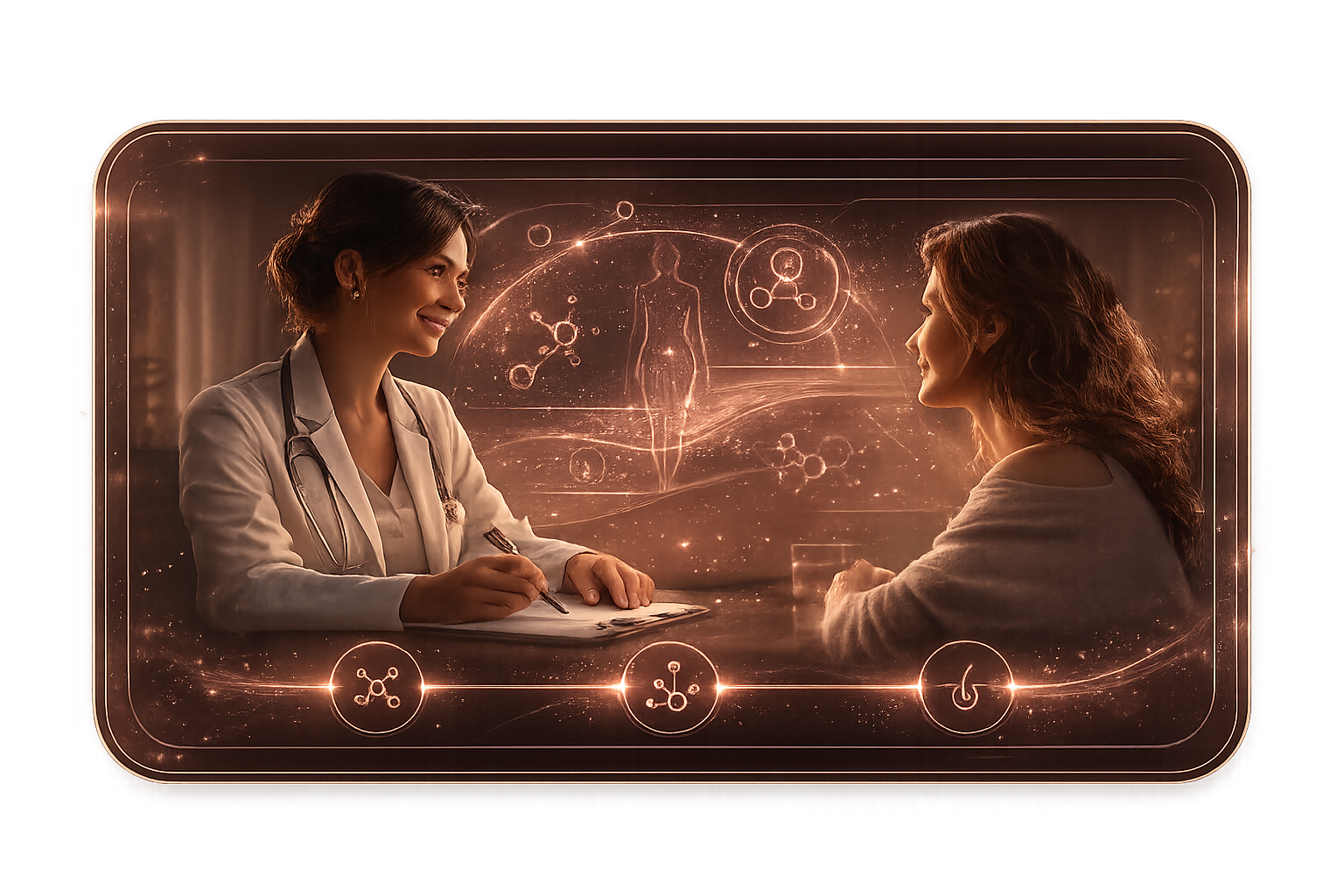 Patient consultation with clinician in warm rose gold light