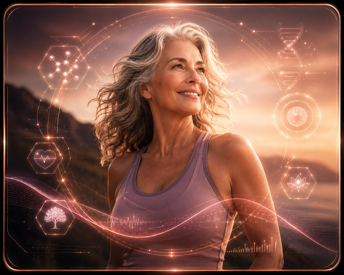 Longevity wellness feature image with confident woman and rose gold health overlays