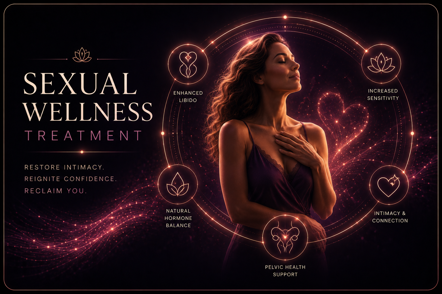 Sexual wellness treatment panel with woman and rose gold vitality overlays