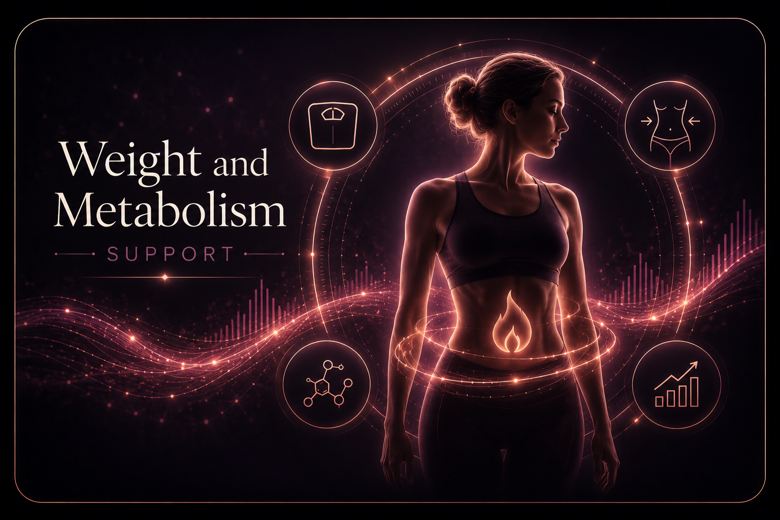 Weight and metabolism support panel with woman and rose gold biometric overlays