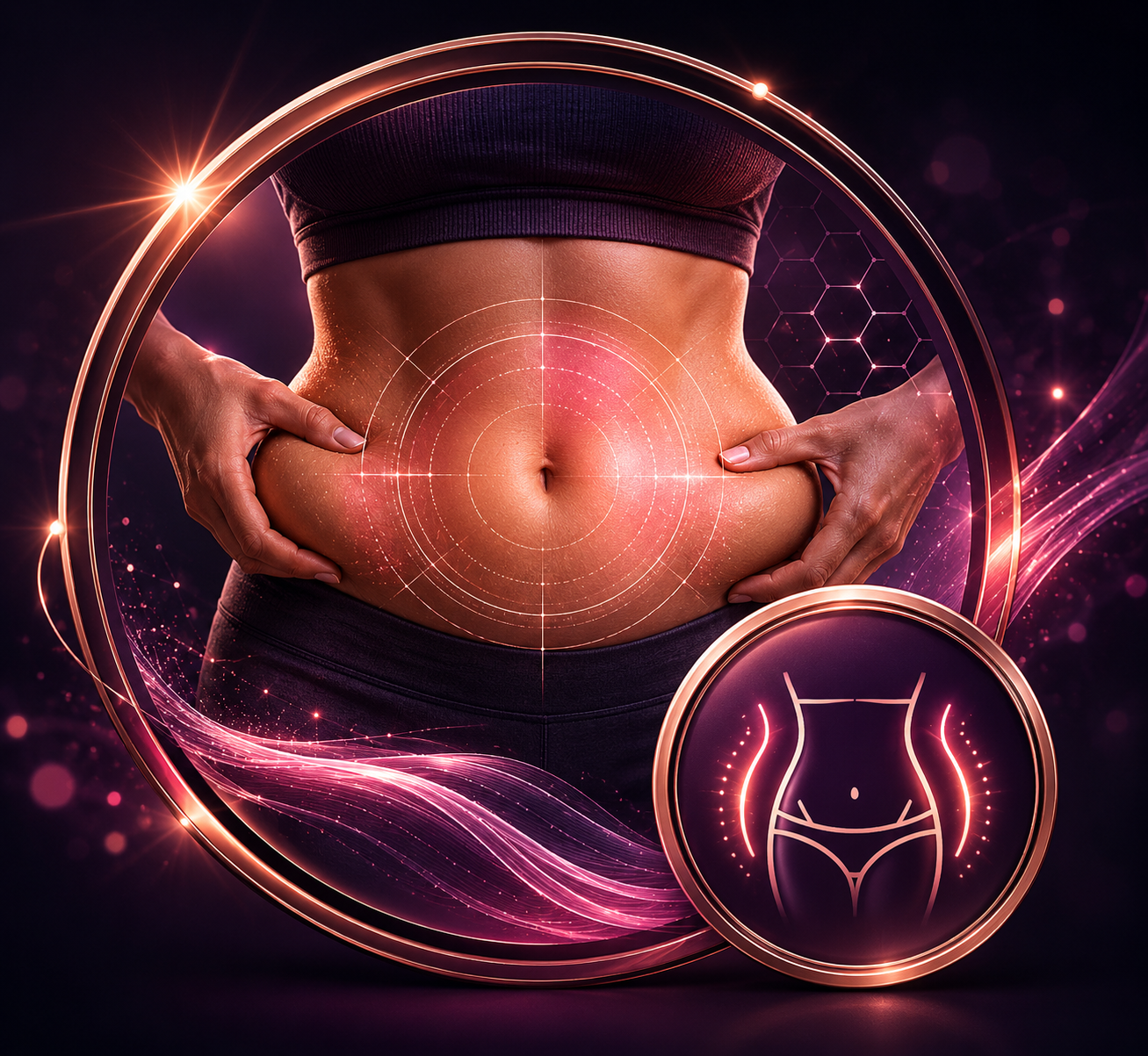 Stubborn belly fat icon card with feminine torso and abdominal highlight