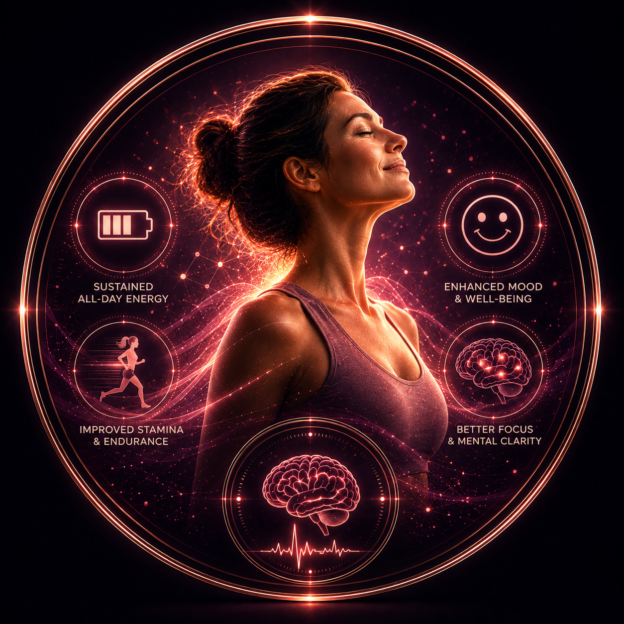 Energy and mood result card with energized woman and cognitive clarity overlays