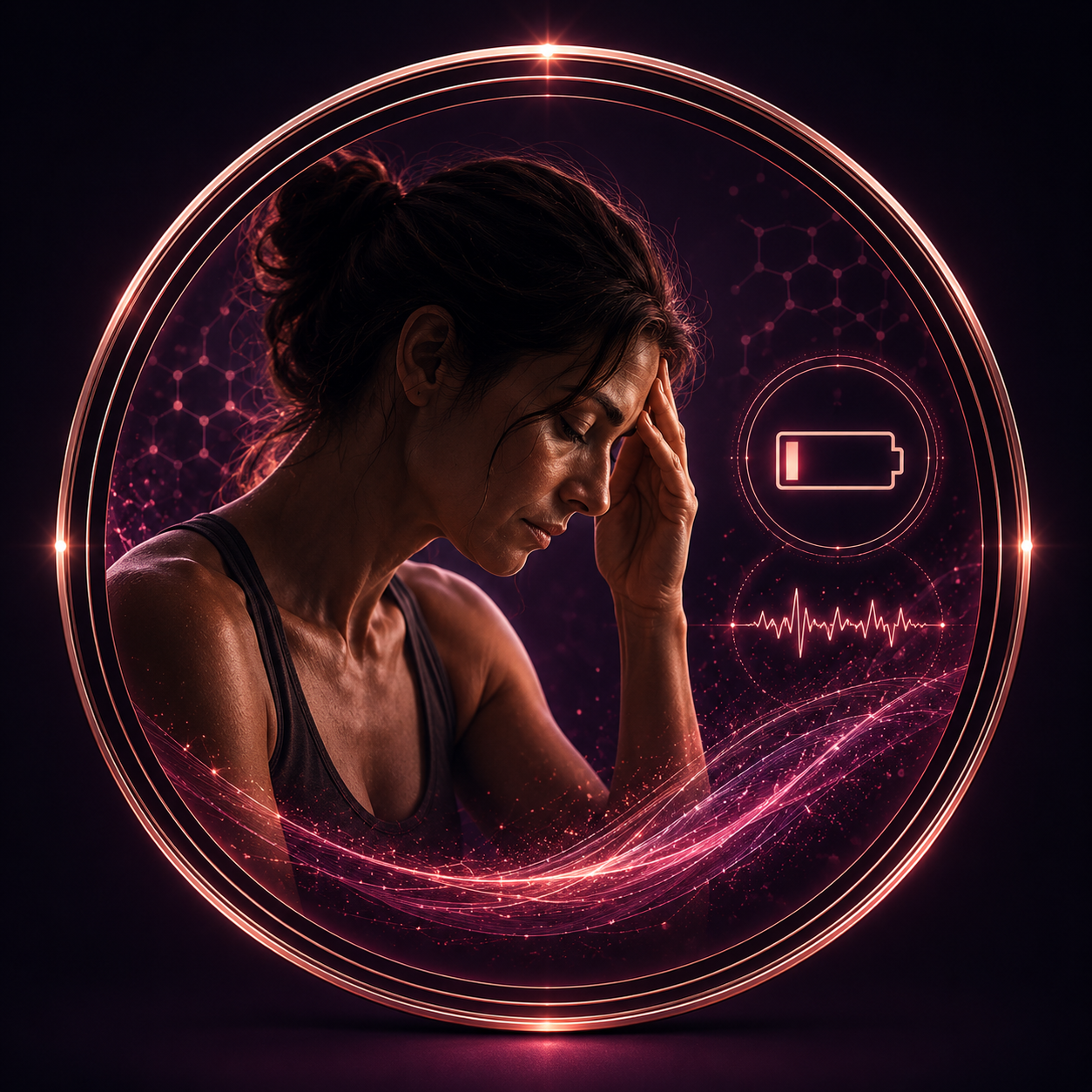 Chronic fatigue icon card with low energy feminine profile and biomarker glow