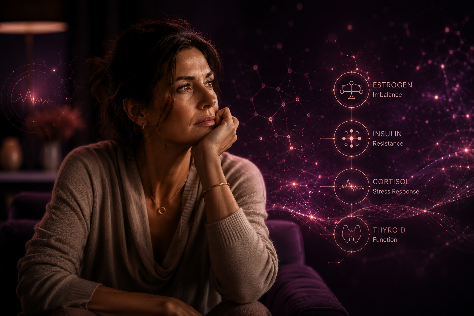 Thoughtful woman with hormone imbalance and metabolic resistance overlays