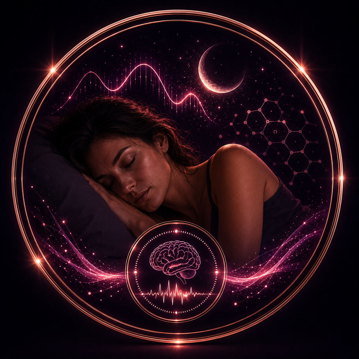 Sleep disruption hormonal rhythm icon card with rose gold glow