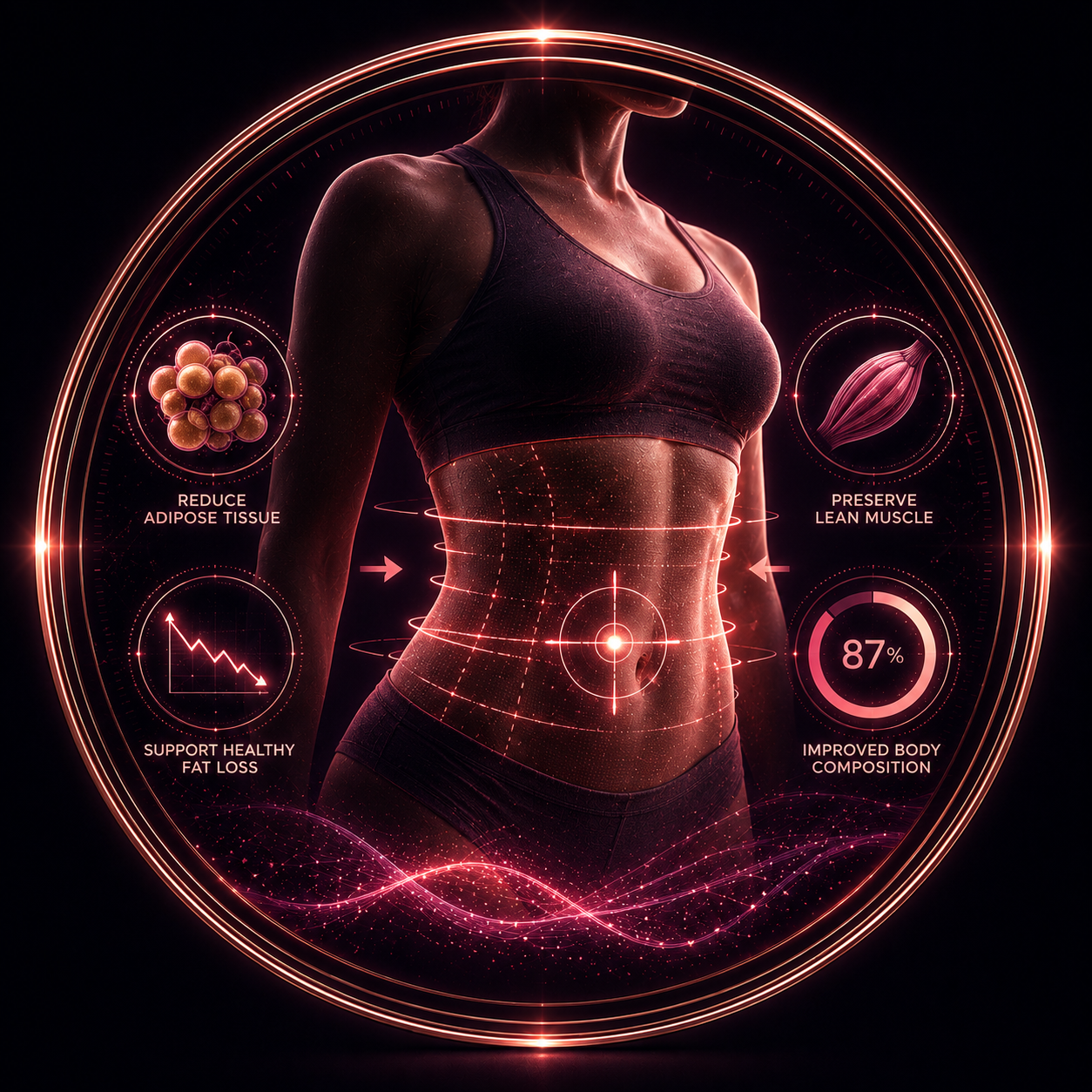 Targeted fat loss result card with body composition HUD and lean mass preservation