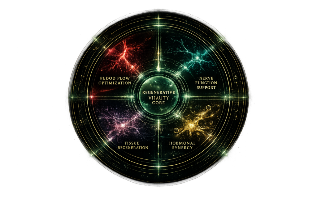Regenerative vitality core diagram showing blood flow, nerve function, tissue regeneration, and hormonal synergy