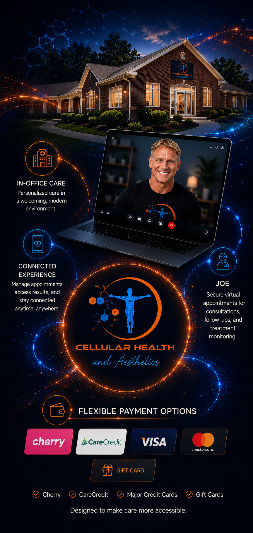 Mobile connected care experience with clinic, telehealth, patient portal, and payment options