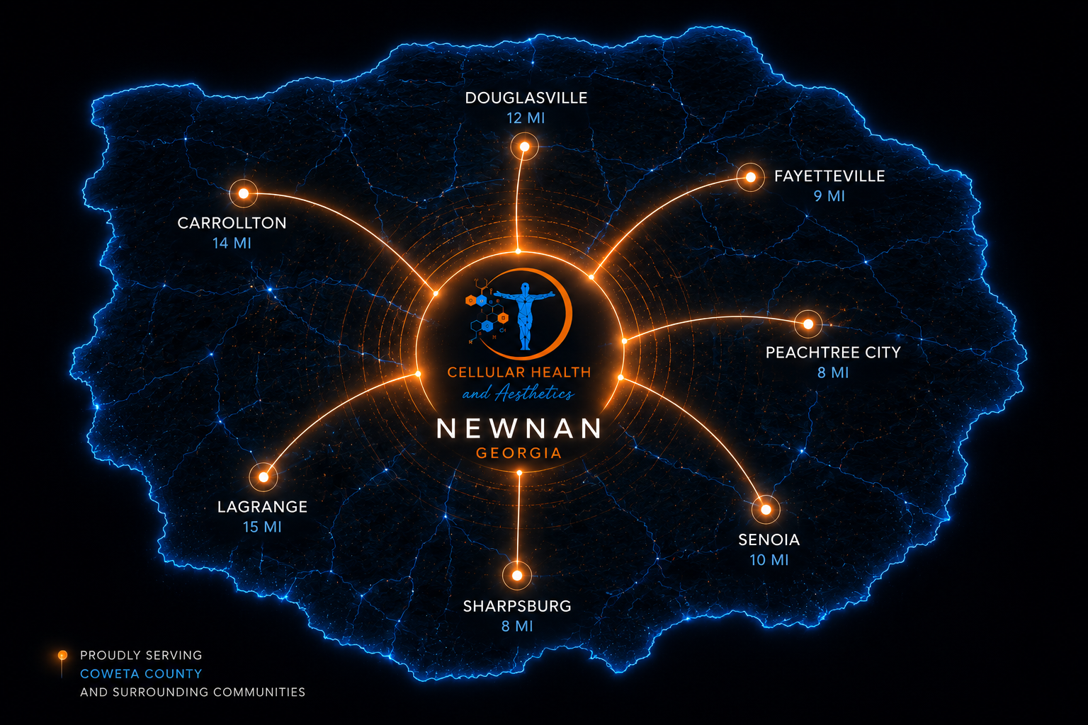 Service area map centered on Newnan, Georgia with surrounding Coweta County communities