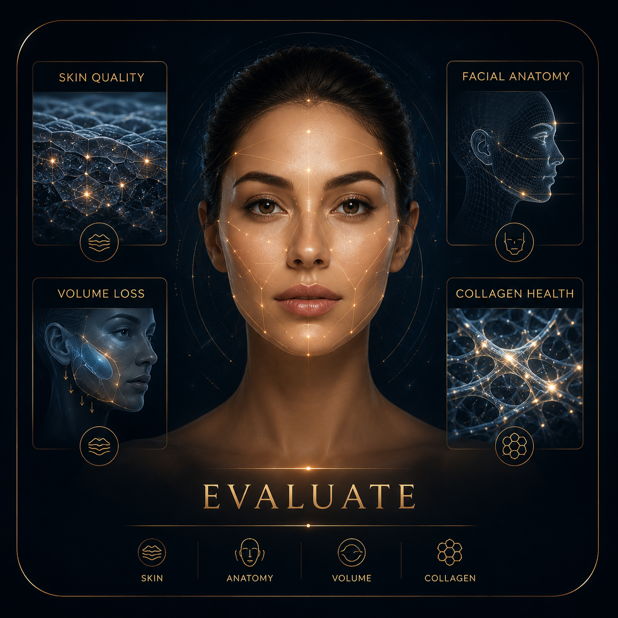 Evaluate concept showing facial anatomy skin quality volume loss and collagen health