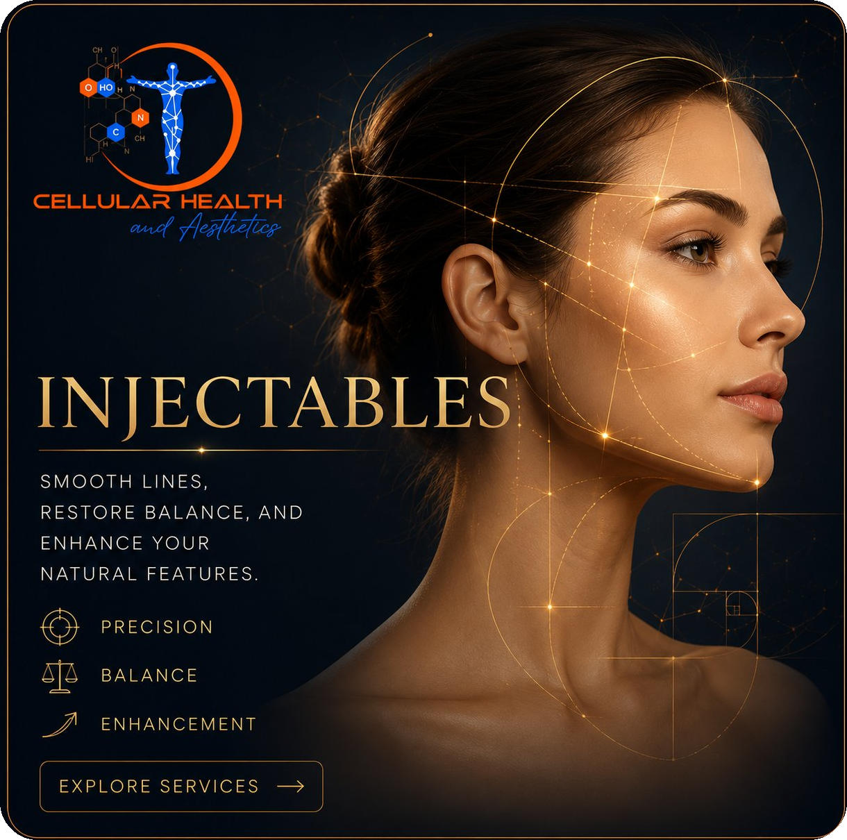 Injectables service card showing facial analysis and natural feature enhancement