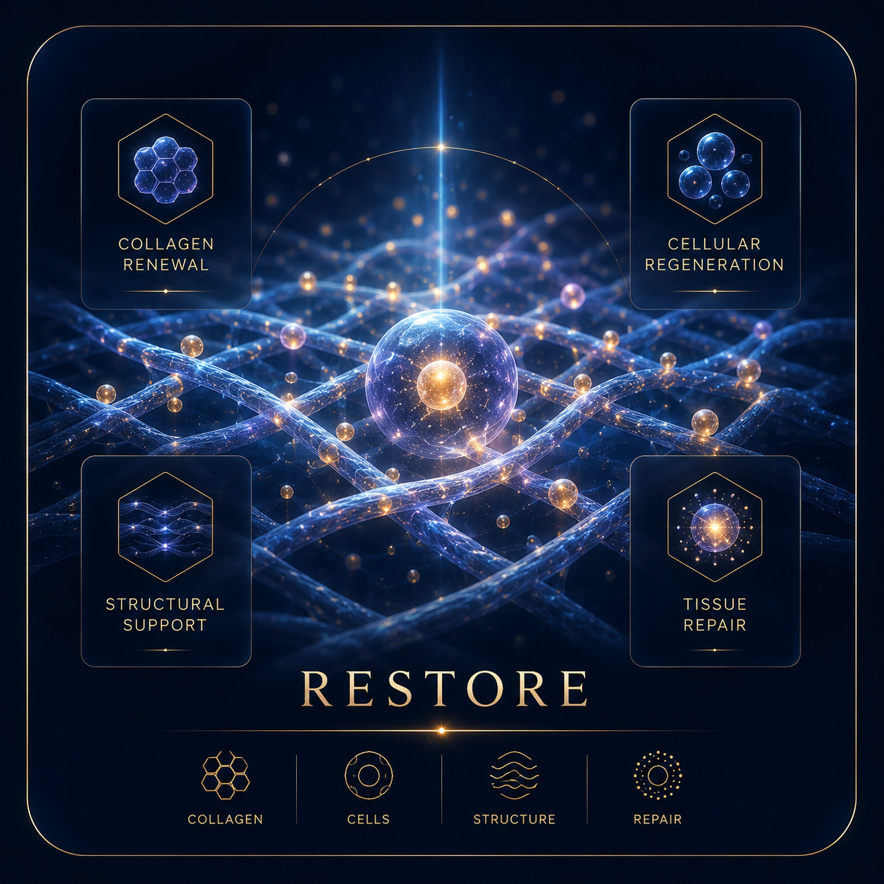 Restore concept showing collagen renewal cellular regeneration structural support and tissue repair