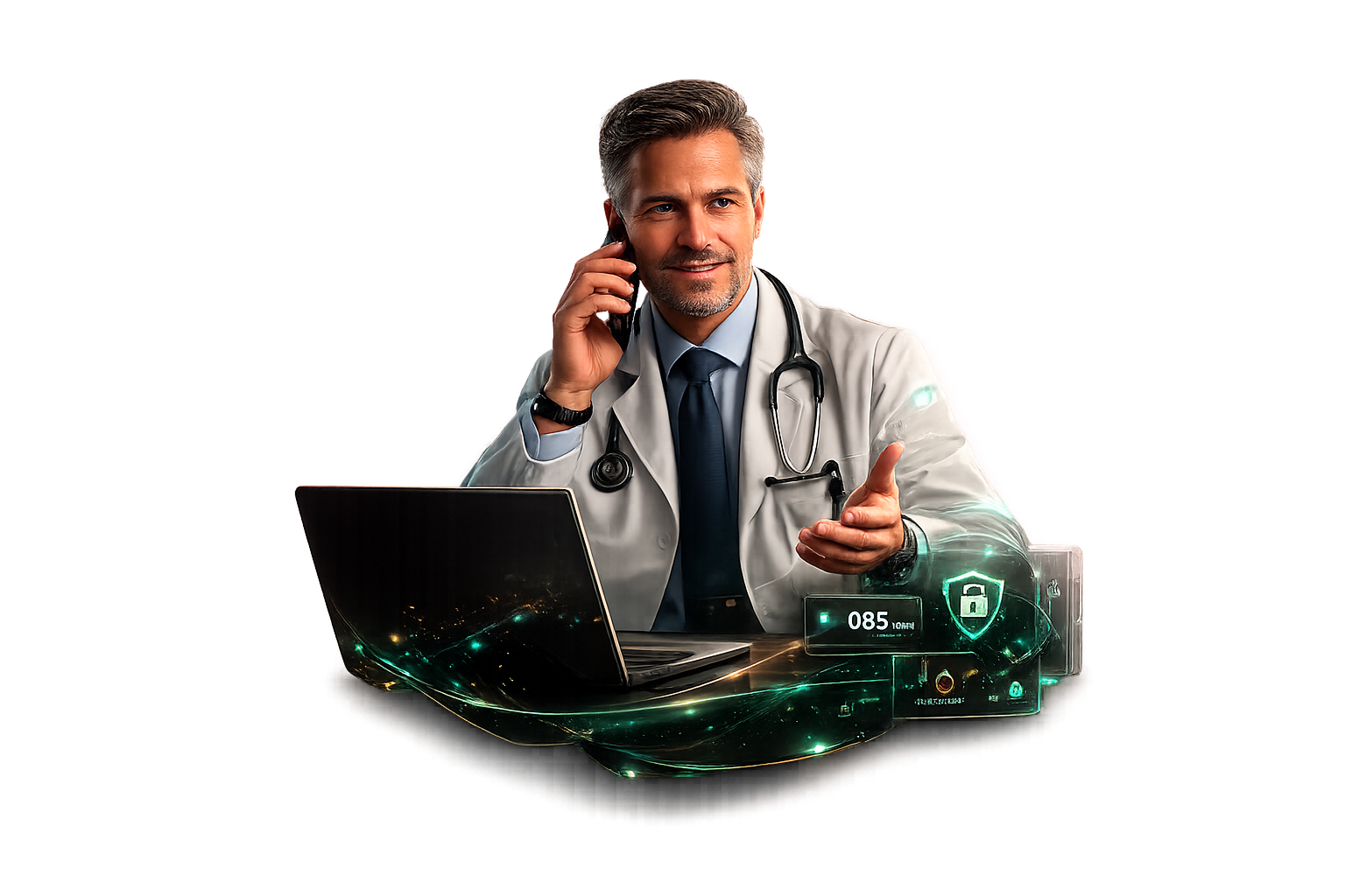 Doctor conducting a secure telehealth appointment by phone and laptop