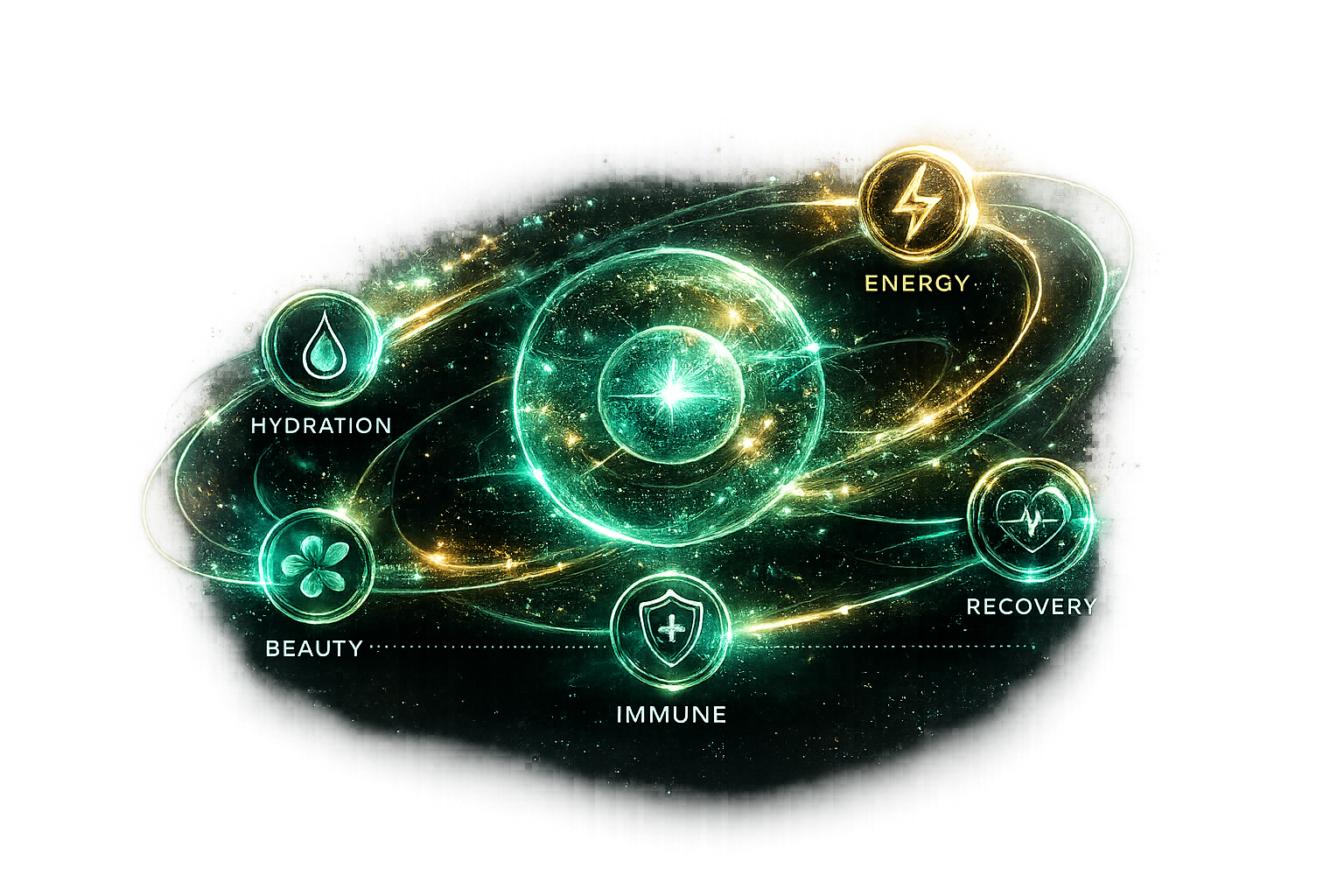 Cellular benefits core graphic showing hydration energy immune beauty and recovery systems