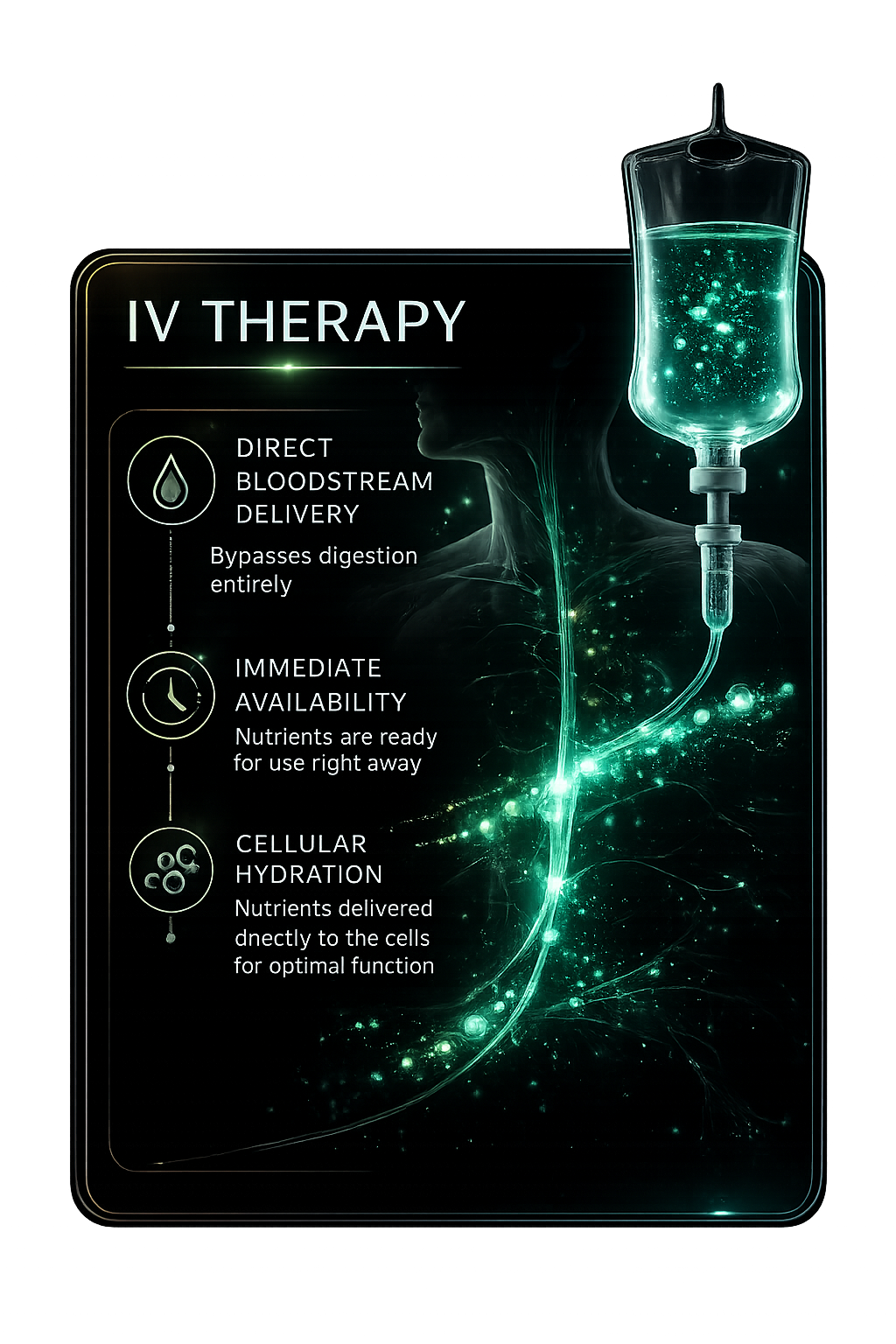 IV therapy direct bloodstream delivery graphic with hydration and cellular availability callouts