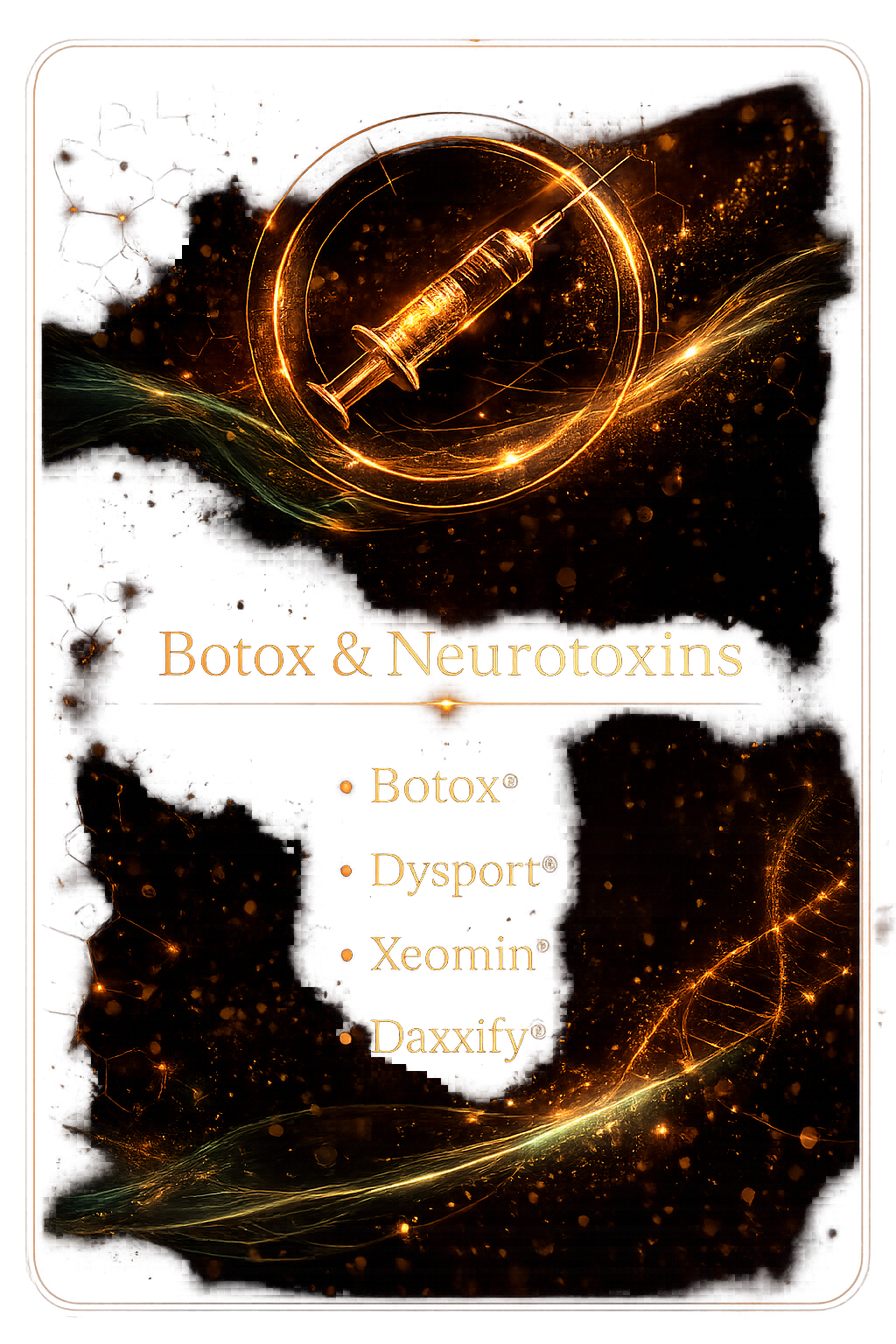 Botox and neurotoxins service card with golden syringe and luxury biotech styling