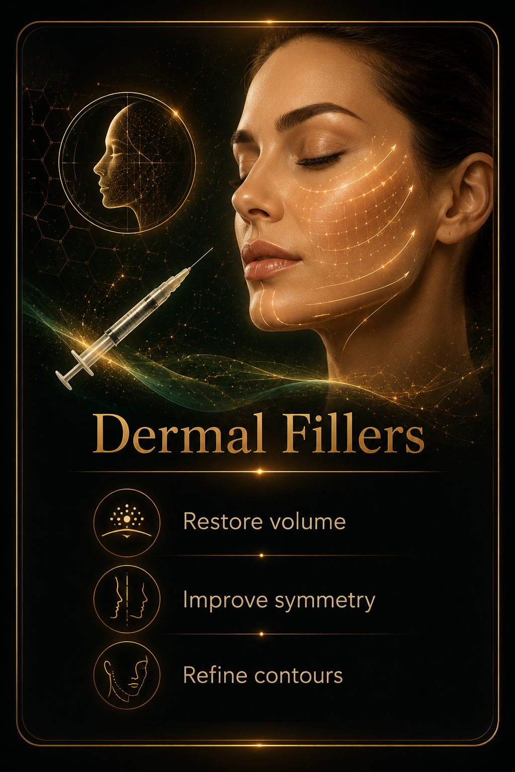 Dermal fillers service card showing facial contouring and volume restoration