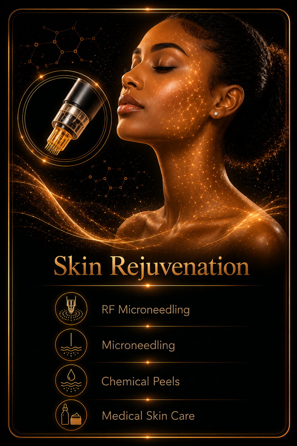 Skin rejuvenation service card showing RF microneedling microneedling chemical peels and medical skin care