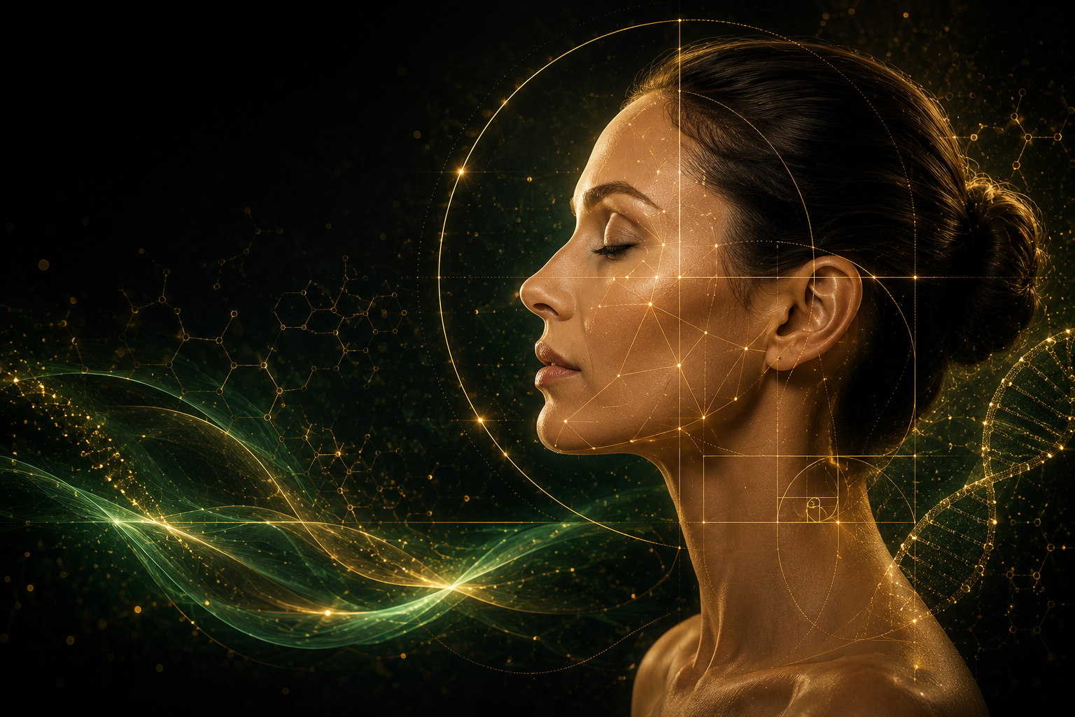 Trust and precision panel showing facial profile golden ratio architecture and collagen mapping