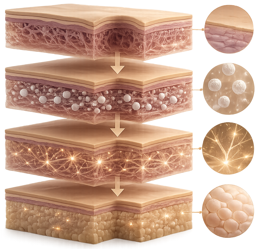 Collagen regeneration cross-section showing Radiesse support and collagen stimulation
