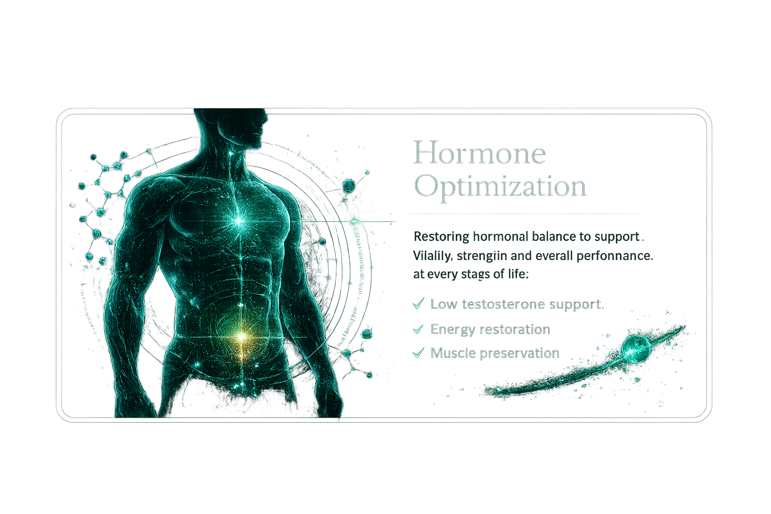 Hormone optimization card with male vitality and testosterone support visual