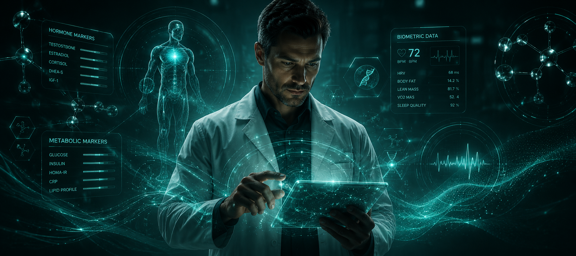 Physician reviewing men's hormone, metabolic, and biometric data for precision medical weight loss