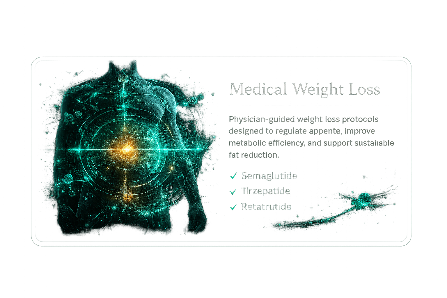 Medical weight loss card with male metabolic visual and supported therapies