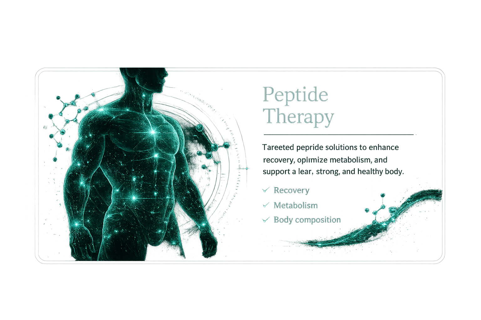 Peptide therapy card with male body composition and recovery visual