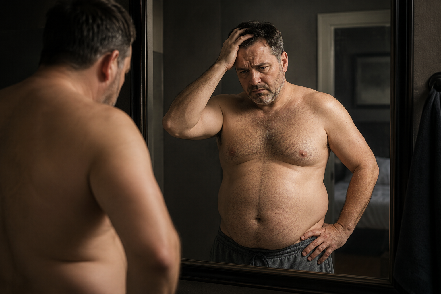 Middle-aged man looking in the mirror and noticing weight gain